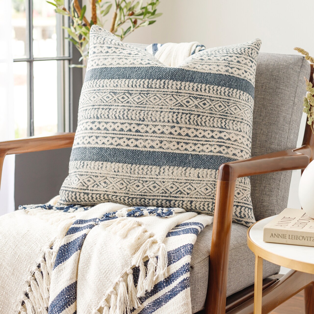 Tiwari Home 18 Blue and Beige Tribal Print Square Throw Pillow